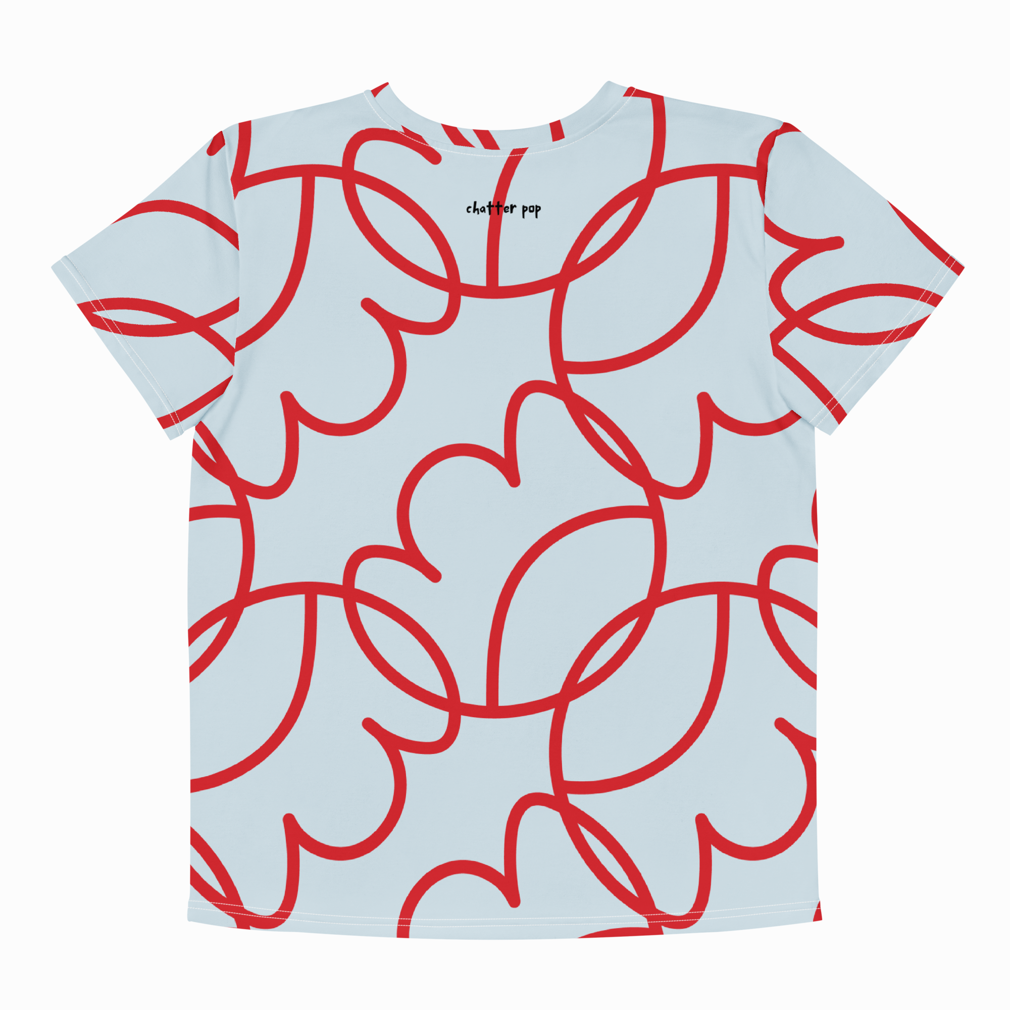 A short-sleeve crewneck t-shirt featuring an all-over abstract red line pattern on a light blue background, with the brand name 'clashline pop' printed in black near the inner collar.