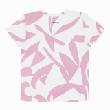 A white short-sleeve t-shirt with an abstract pink brushstroke pattern, featuring the text 'clutter pop' printed in black near the inner collar, shown against a light gray background.