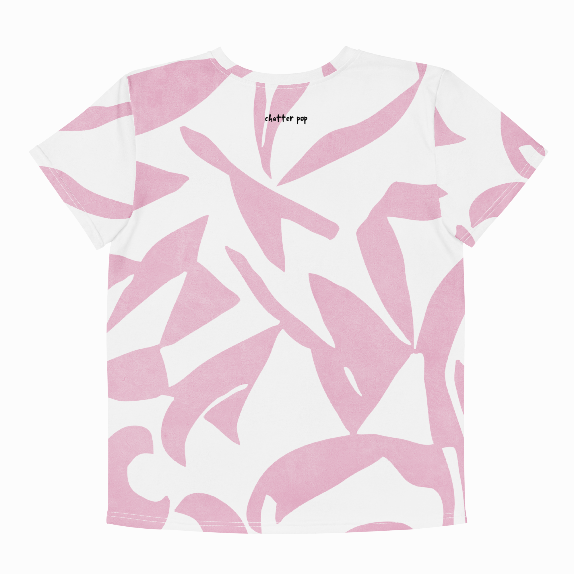 A white short-sleeve t-shirt with an abstract pink brushstroke pattern, featuring the text 'clutter pop' printed in black near the inner collar, shown against a light gray background.