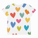 White t-shirt with colorful heart pattern on a white background