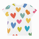White t-shirt with colorful heart pattern on a white background