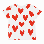White t-shirt with red heart patterns on a white background