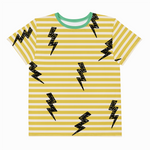 Yellow and white striped t-shirt with black lightning bolt patterns on a white background