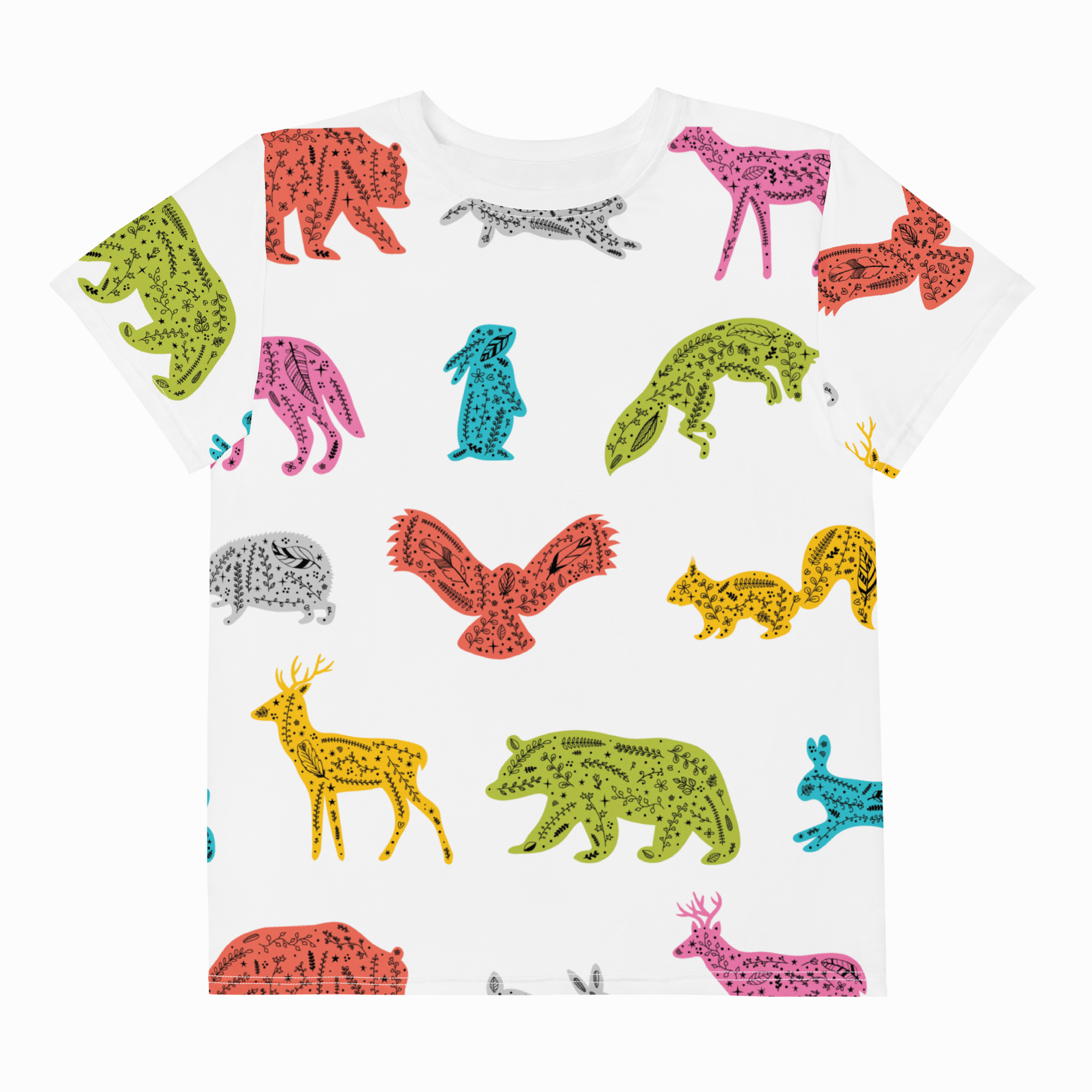 White t-shirt with colorful animal patterns on a white background