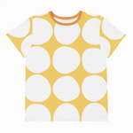 Yellow t-shirt with white circle pattern on a white background