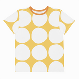 Yellow t-shirt with white circle pattern on a white background