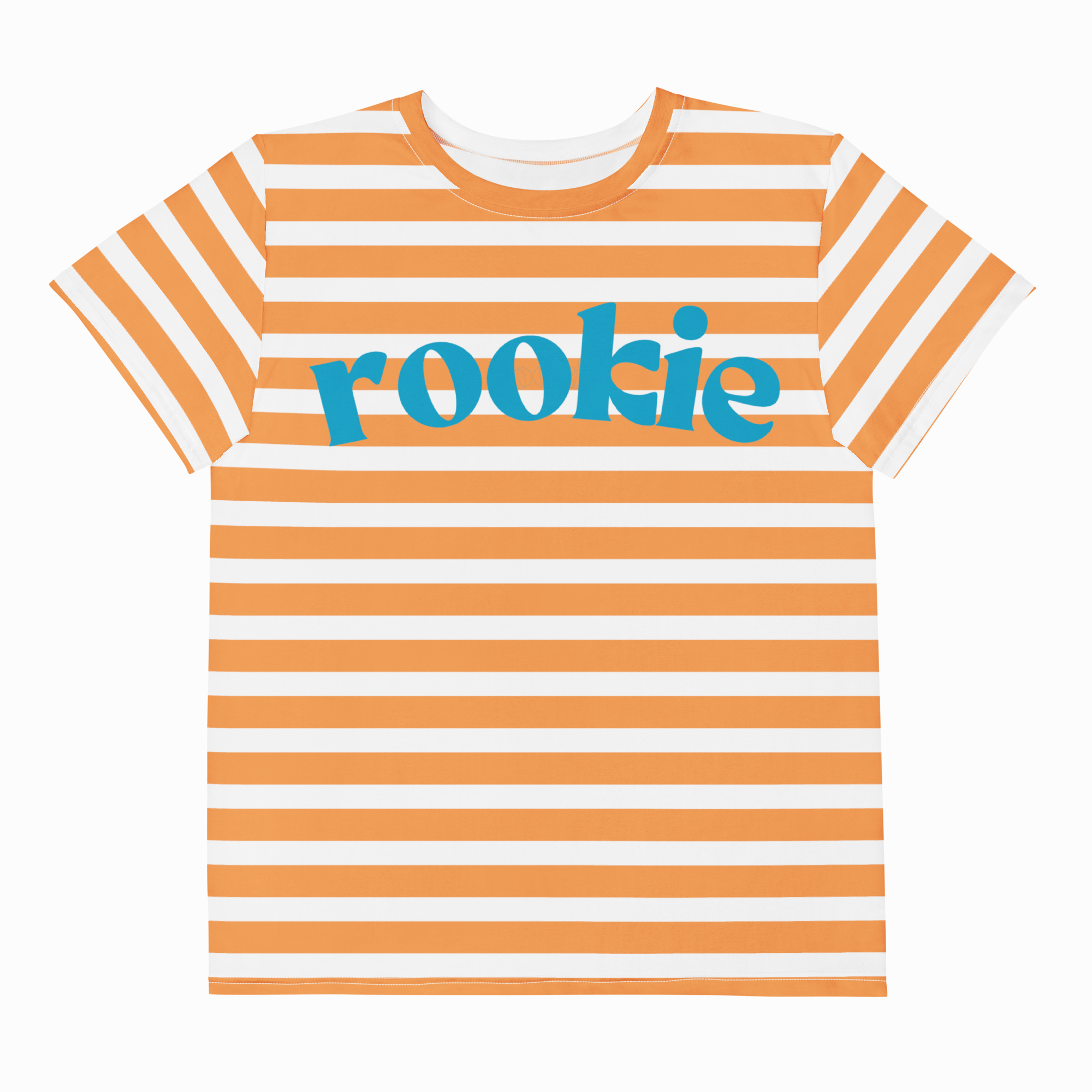 Striped t-shirt with 'rookie' text on a white background