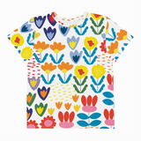 Colorful floral pattern on a white shirt