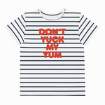 Striped t-shirt with red text on a white background