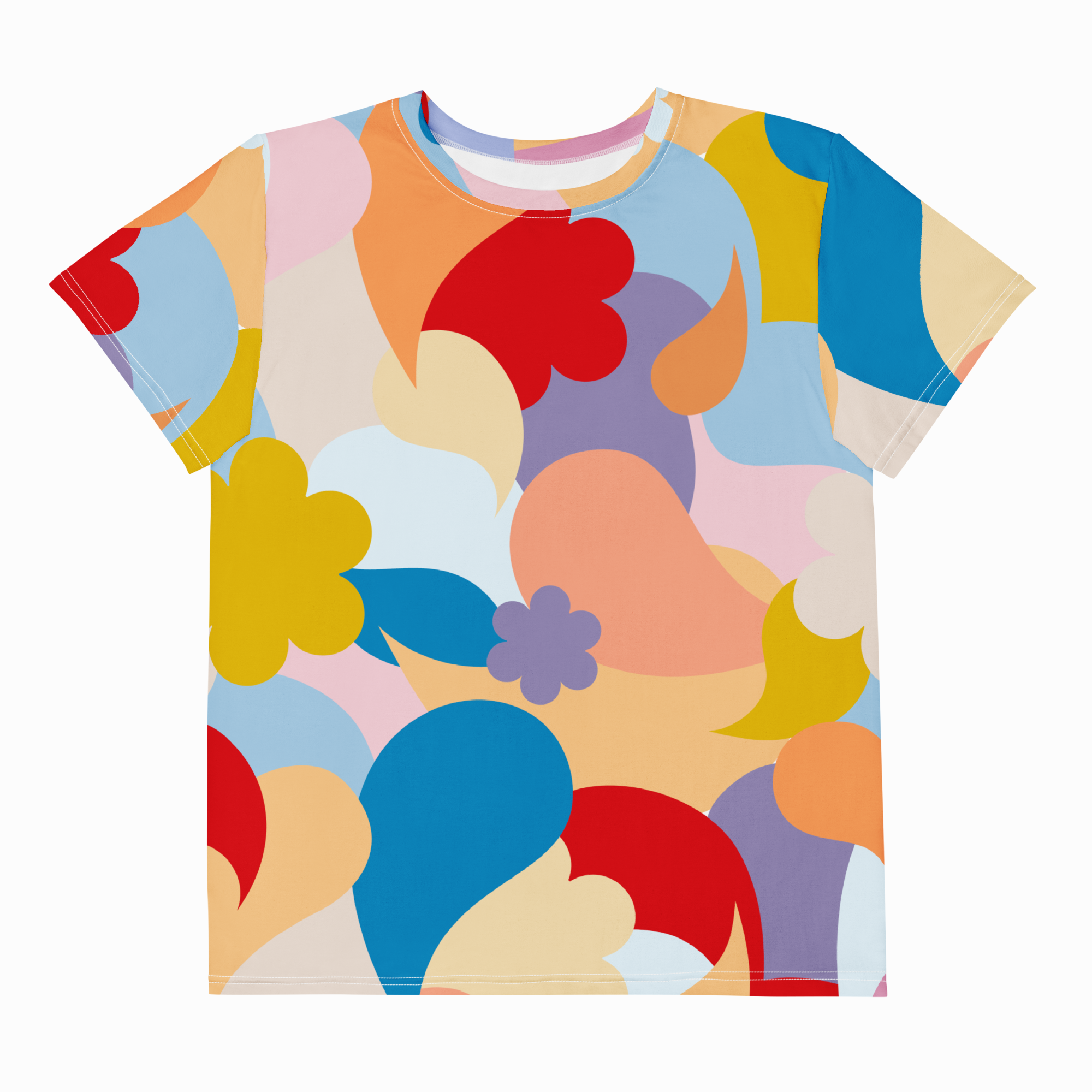 Colorful abstract patterned t-shirt on a white background