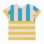 A short-sleeve crewneck t-shirt featuring a retro striped pattern with vertical pink and teal blue stripes on the upper chest and sleeves, transitioning to horizontal mustard yellow and cream stripes across the lower body.