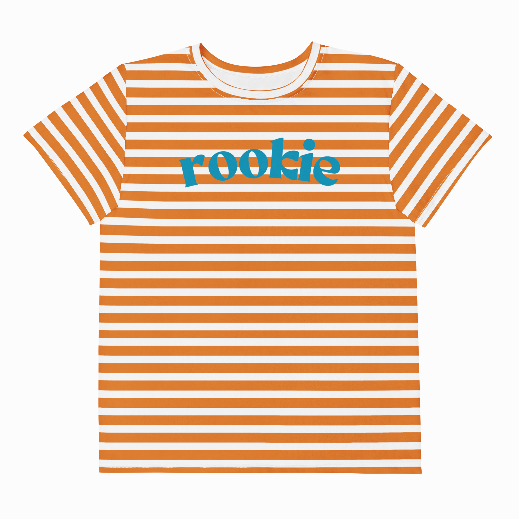 A short-sleeve crewneck t-shirt with horizontal orange and white stripes, featuring the word 'rookie' printed across the chest in a teal blue script font, shown against a plain white background.