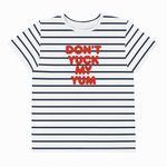 A short-sleeve crewneck t-shirt with horizontal navy blue and white stripes, featuring the text 'DON'T YUCK MY YUM' printed in red across the chest.