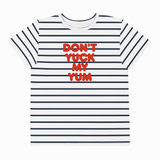 A short-sleeve crewneck t-shirt with horizontal navy blue and white stripes, featuring the text 'DON'T YUCK MY YUM' printed in red across the chest.