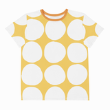 A short-sleeve crewneck t-shirt featuring a bold pattern of large white hand-drawn circles on a mustard yellow background, with a contrasting orange collar.