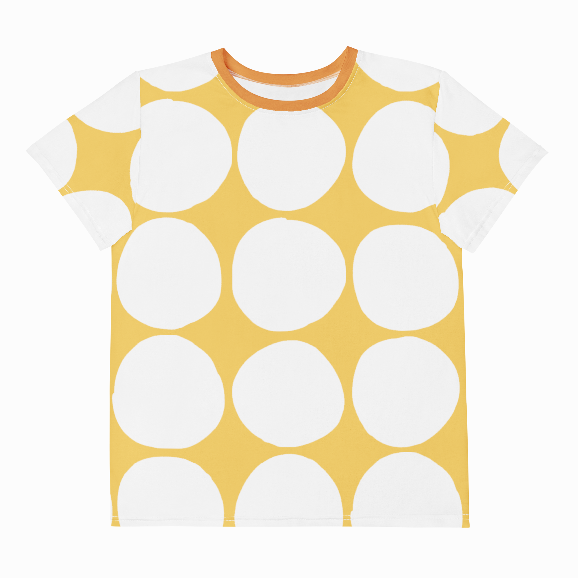 A short-sleeve crewneck t-shirt featuring a bold pattern of large white hand-drawn circles on a mustard yellow background, with a contrasting orange collar.