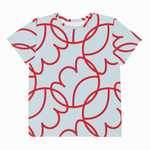 A short-sleeve crewneck t-shirt featuring an all-over abstract red line pattern on a light blue background, displayed flat against a white backdrop.