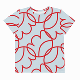 A short-sleeve crewneck t-shirt featuring an all-over abstract red line pattern on a light blue background, displayed flat against a white backdrop.