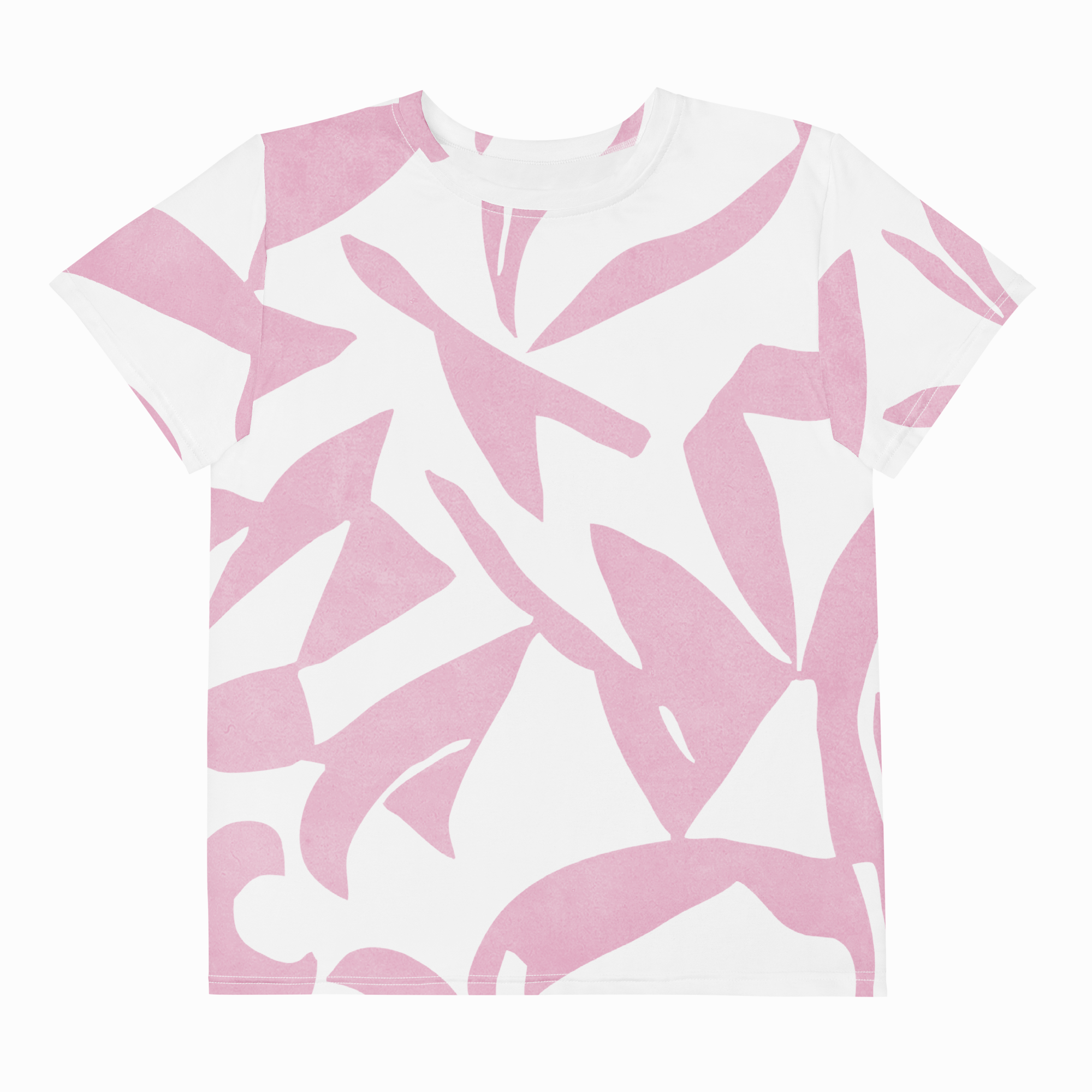 A short-sleeve crewneck t-shirt featuring an abstract, organic brushstroke pattern in dusty pink on a white background.