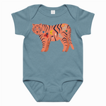 Blue baby onesie with a tiger design on a white background