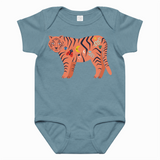 Blue baby onesie with a tiger design on a white background