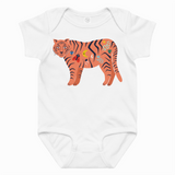 White baby onesie with a colorful tiger design on a white background