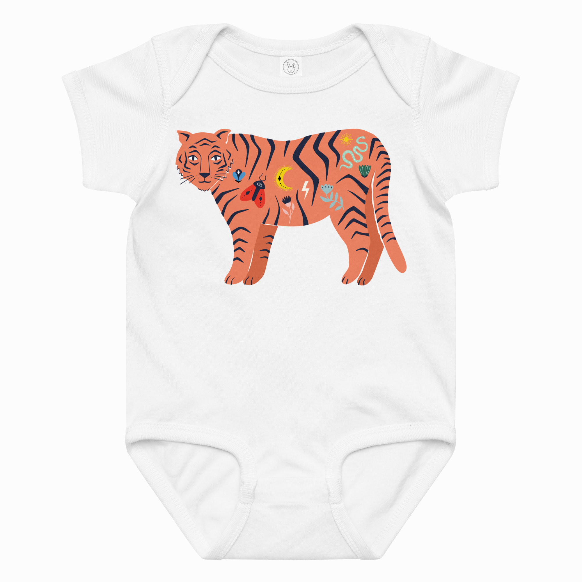White baby onesie with a colorful tiger design on a white background