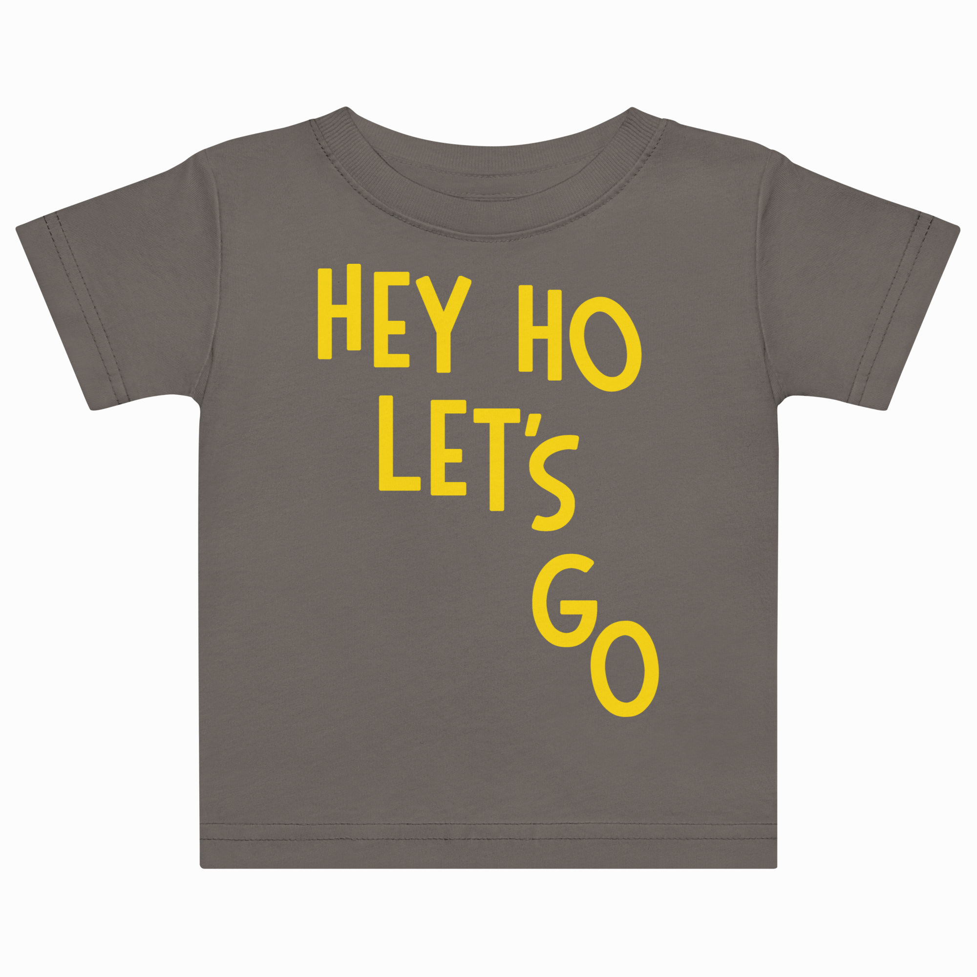 Gray t-shirt with yellow text 'HEY HO LET'S GO' on a white background