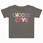 Gray t-shirt with 'CHOOSE LOVE' text in colorful letters on a white background