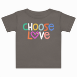 Gray t-shirt with 'CHOOSE LOVE' text in colorful letters on a white background