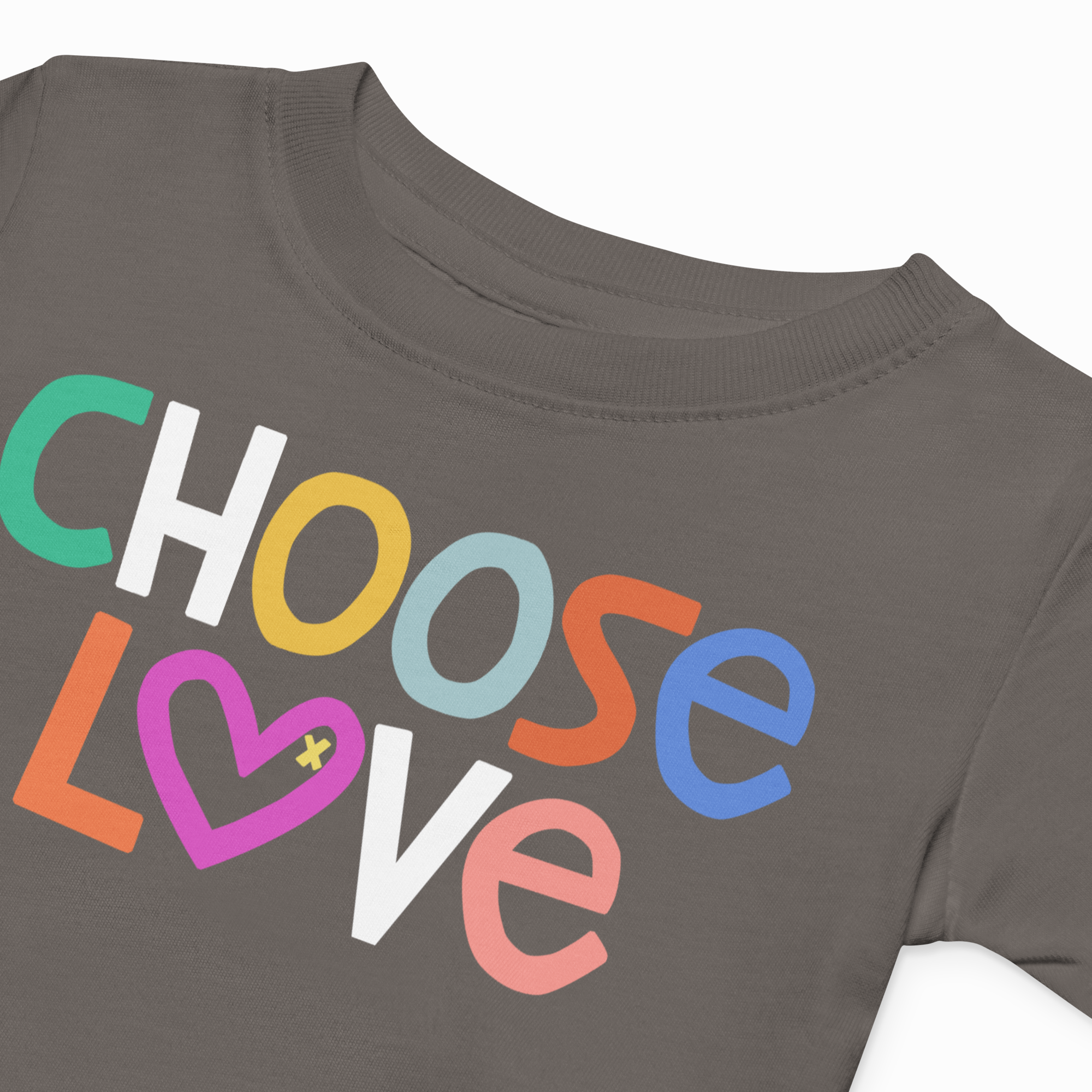 Gray t-shirt with 'CHOOSE LOVE' text in colorful letters on a white background