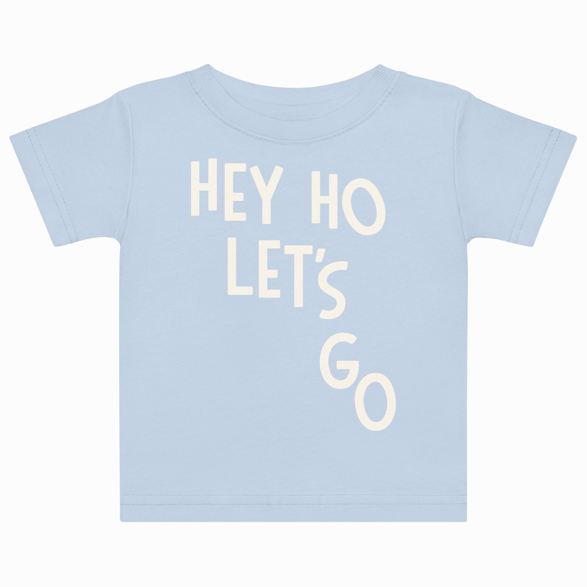 Light blue t-shirt with 'HEY HO LET'S GO' text on a white background