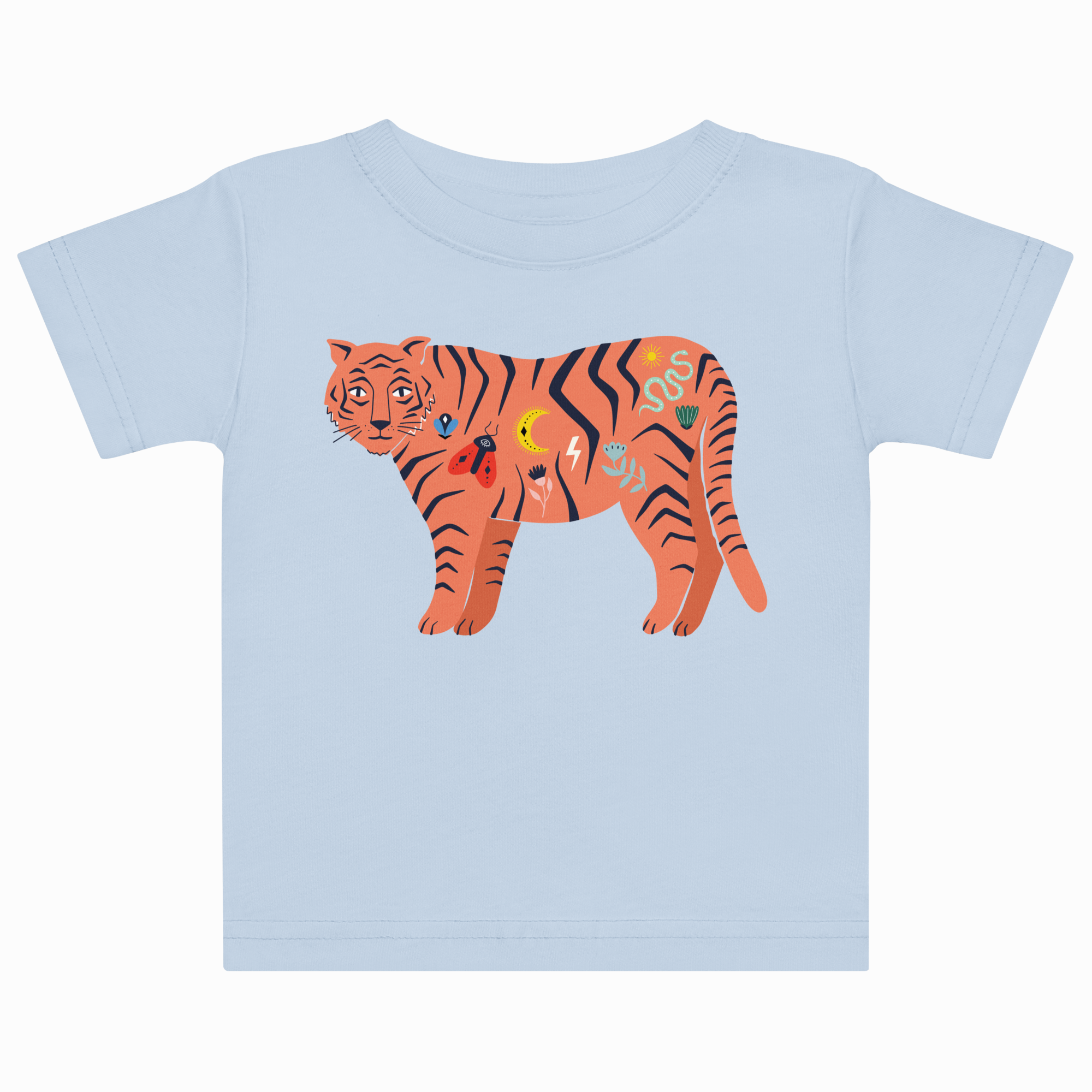 Light blue t-shirt with a colorful tiger design on a white background