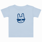 Light blue t-shirt with a blue graphic of a rabbit wearing sunglasses on a white background
