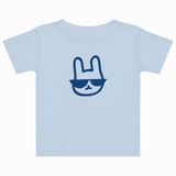 Light blue t-shirt with a blue graphic of a rabbit wearing sunglasses on a white background