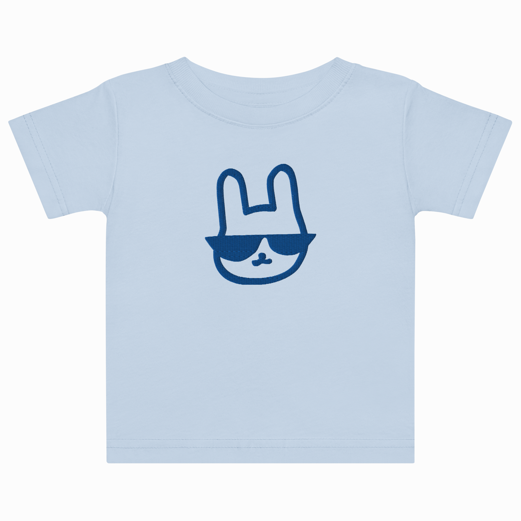 Light blue t-shirt with a blue graphic of a rabbit wearing sunglasses on a white background