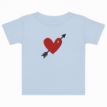 Light blue t-shirt with a red heart and black arrow design on a white background