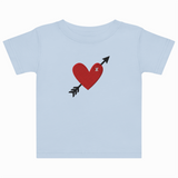 Light blue t-shirt with a red heart and black arrow design on a white background