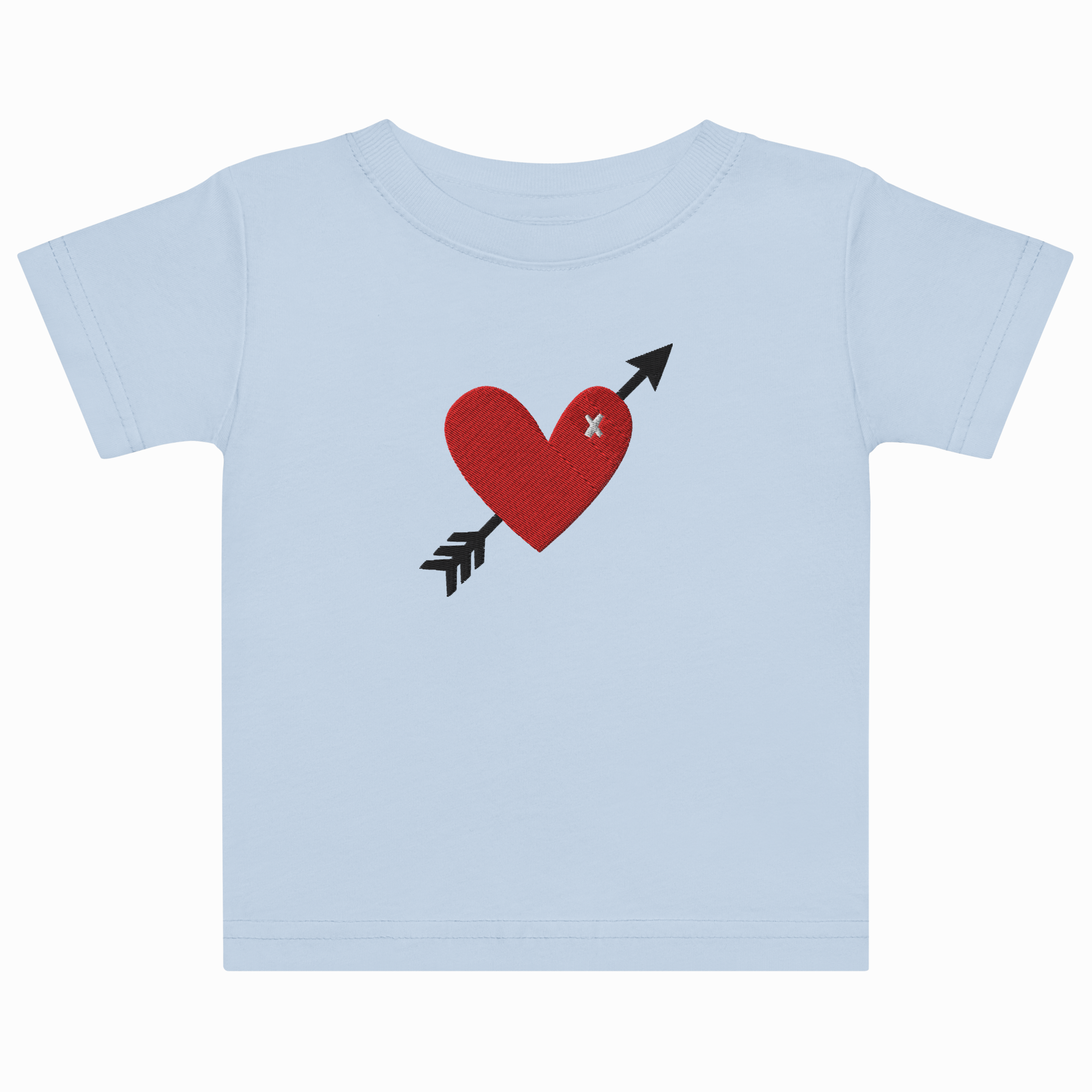 Light blue t-shirt with a red heart and black arrow design on a white background
