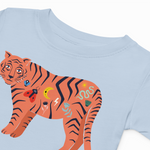 T-shirt with a colorful tiger design on a light blue background