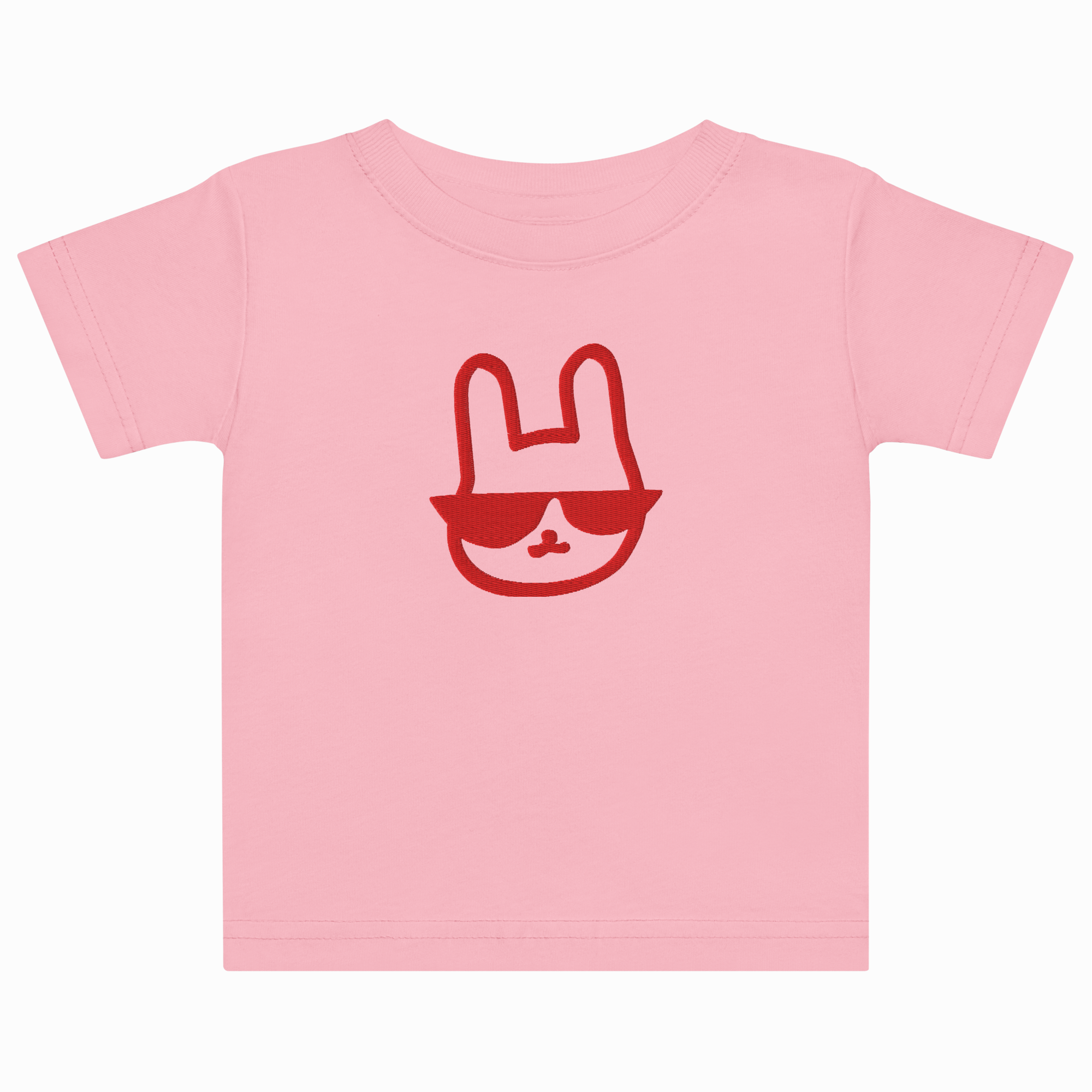 Pink t-shirt with a red graphic of a face wearing sunglasses on a white background