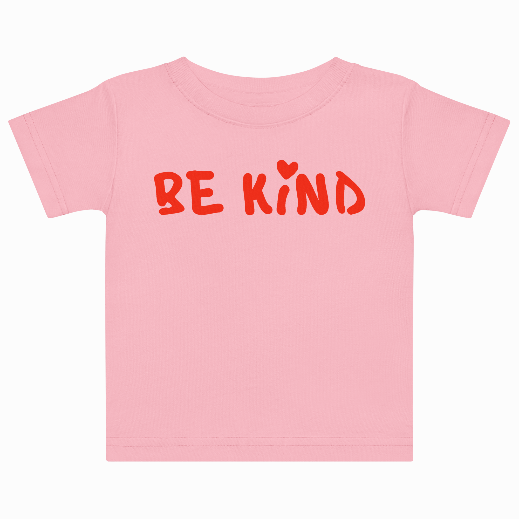 Pink t-shirt with 'BE KIND' text on a white background