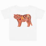 White t-shirt with a colorful tiger design on a white background