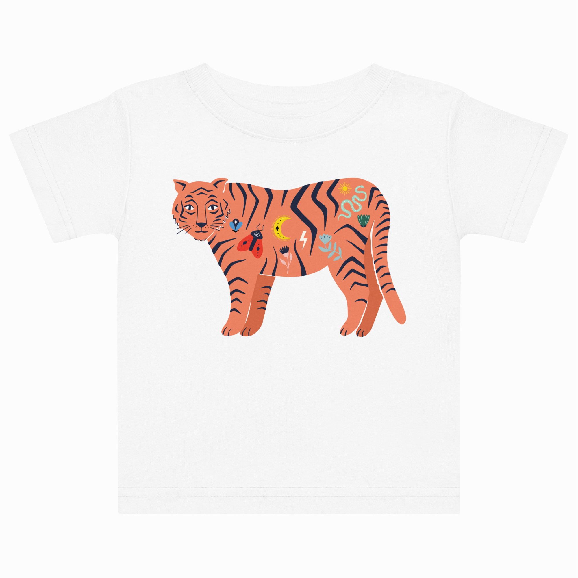 White t-shirt with a colorful tiger design on a white background