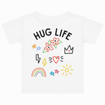 White t-shirt with 'HUG LIFE' text and colorful graphics on a white background