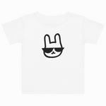 White t-shirt with a black outline of a rabbit wearing sunglasses on a white background