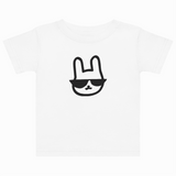 White t-shirt with a black outline of a rabbit wearing sunglasses on a white background
