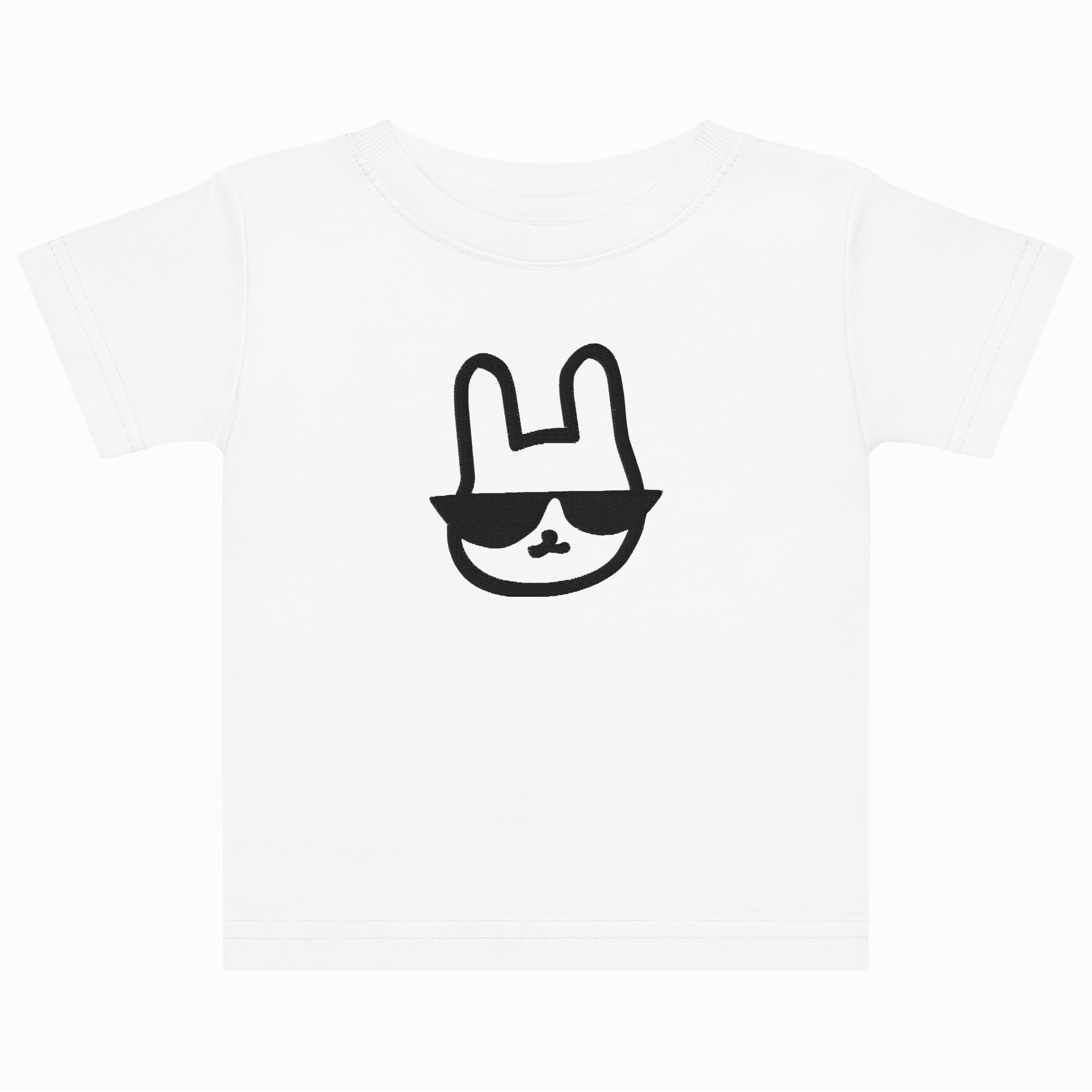White t-shirt with a black outline of a rabbit wearing sunglasses on a white background