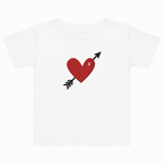 White t-shirt with a red heart and black arrow design on a white background