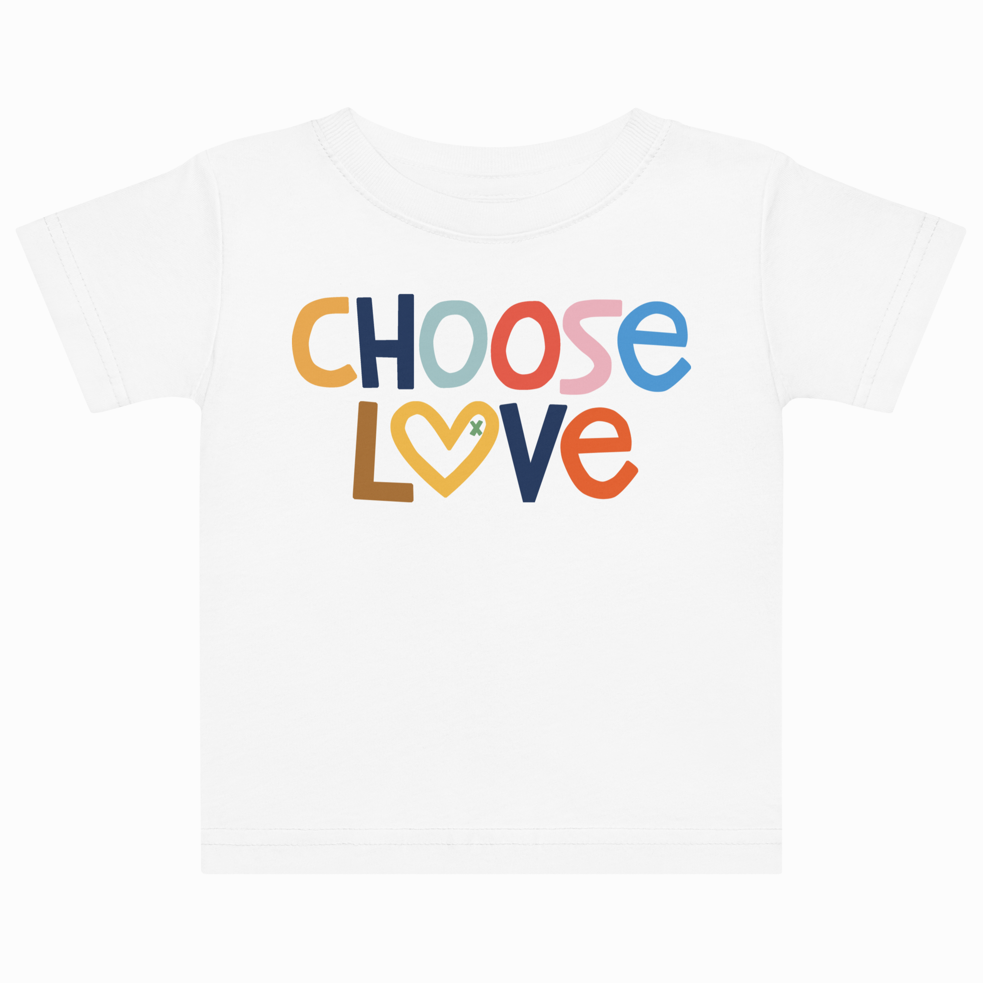 White t-shirt with 'CHOOSE LOVE' text in colorful letters on a white background